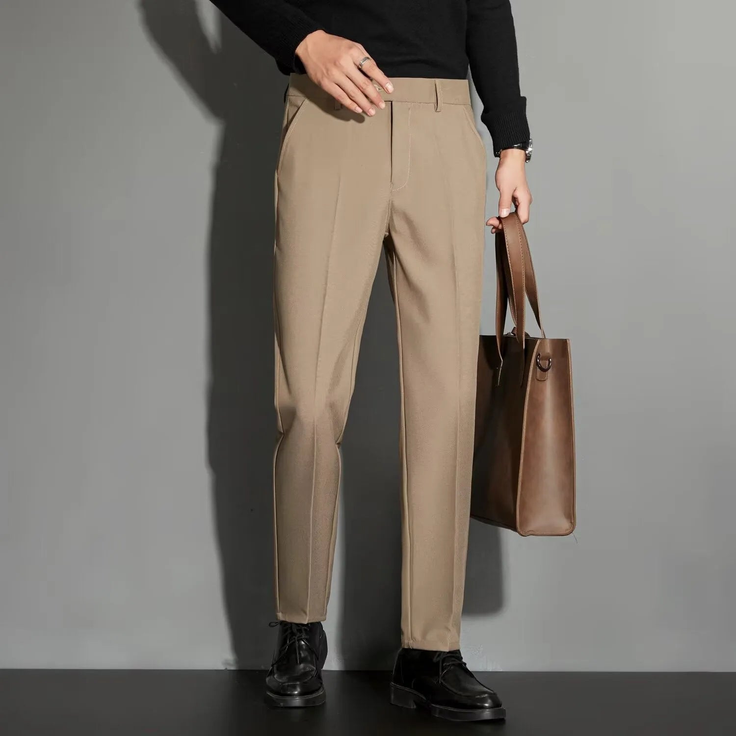 Men's straight-leg ankle-length suit trousers in chemical fibre blend fabric shown in multiple colour options
