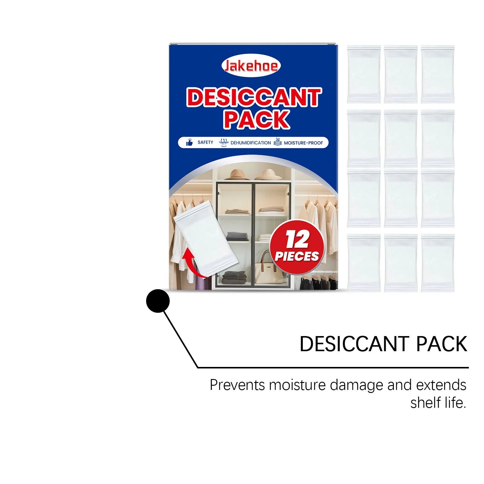Pack of 12 calcium chloride and wood pulp desiccant units for household moisture and odor control.