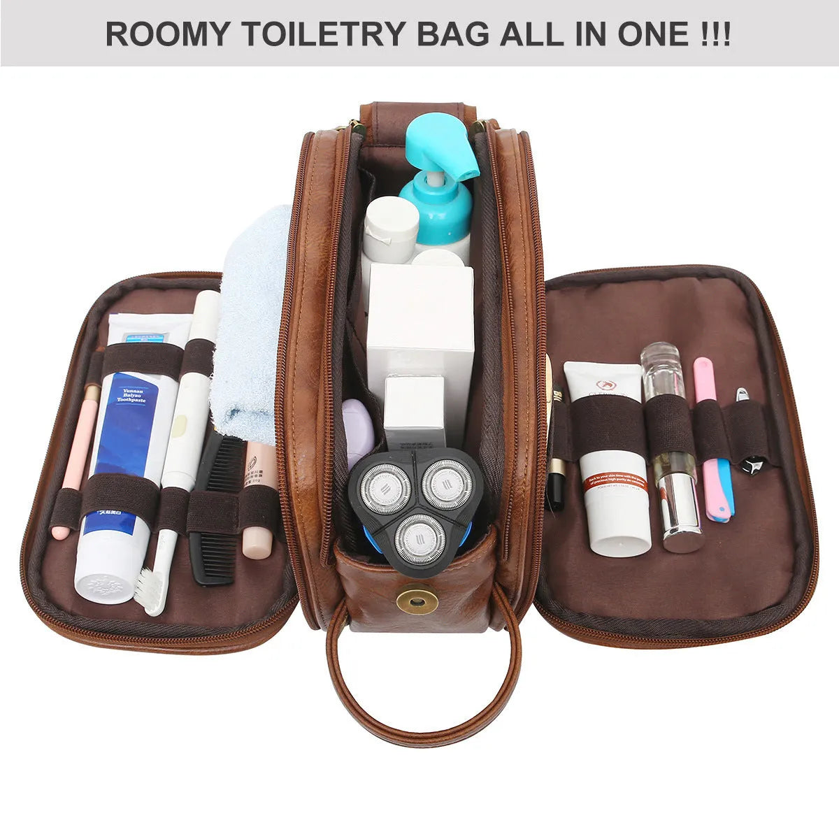 Men's black and brown PU leather toiletry bag for travel storage.