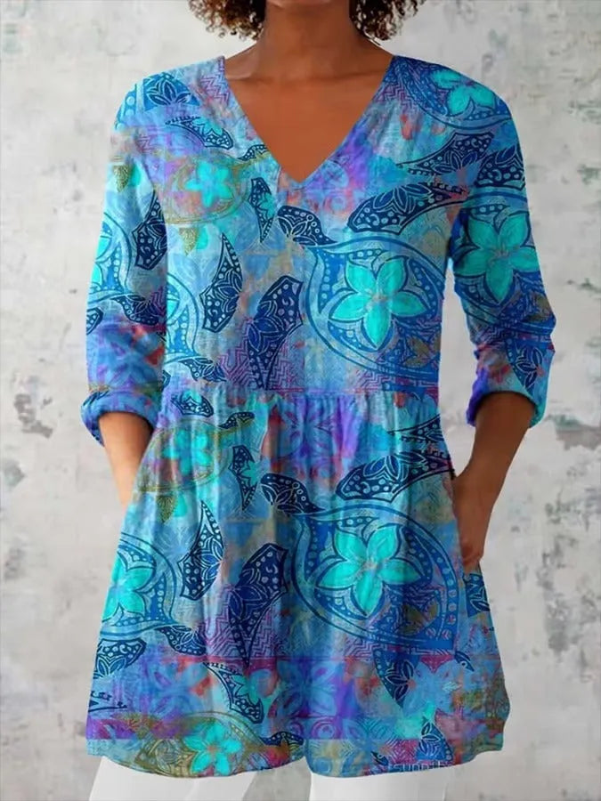 Women's slim fit long-sleeved top with a retro digital print pattern in a colour option.