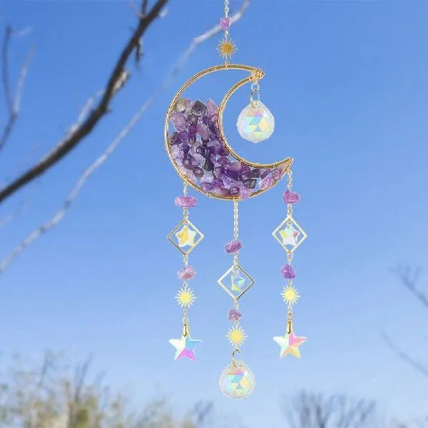 K9 crystal moon car pendant on a 420mm cord in blue, green, pink, purple, or white