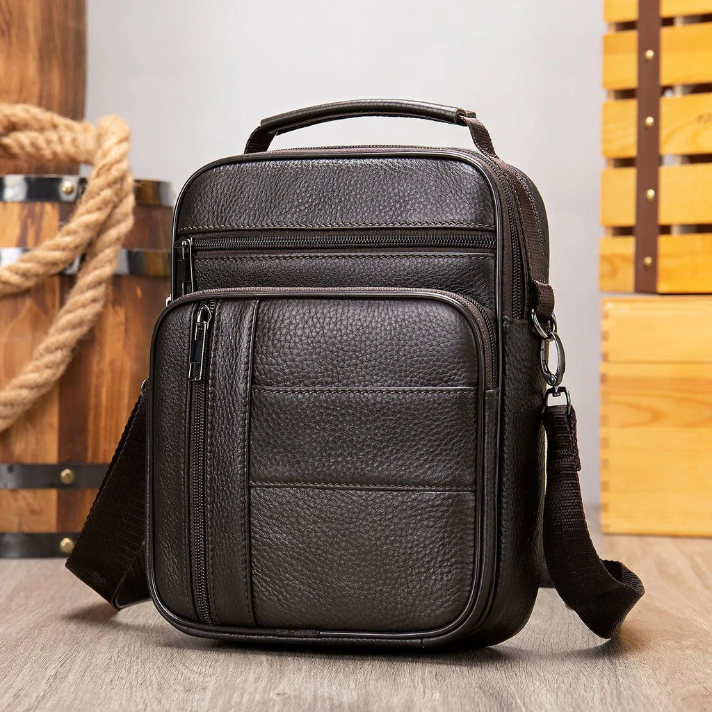 Genuine leather vintage men's shoulder bag in a vertical square shape with a zipper opening