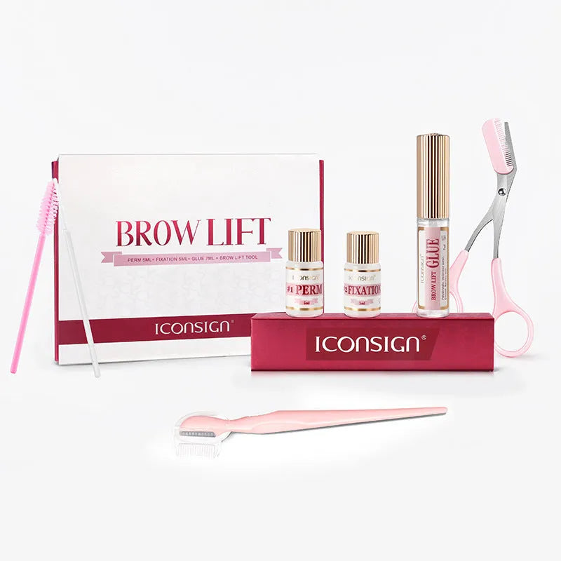 Pink eyebrow quick ironing kit with perm solution and application tools for at-home eyebrow styling