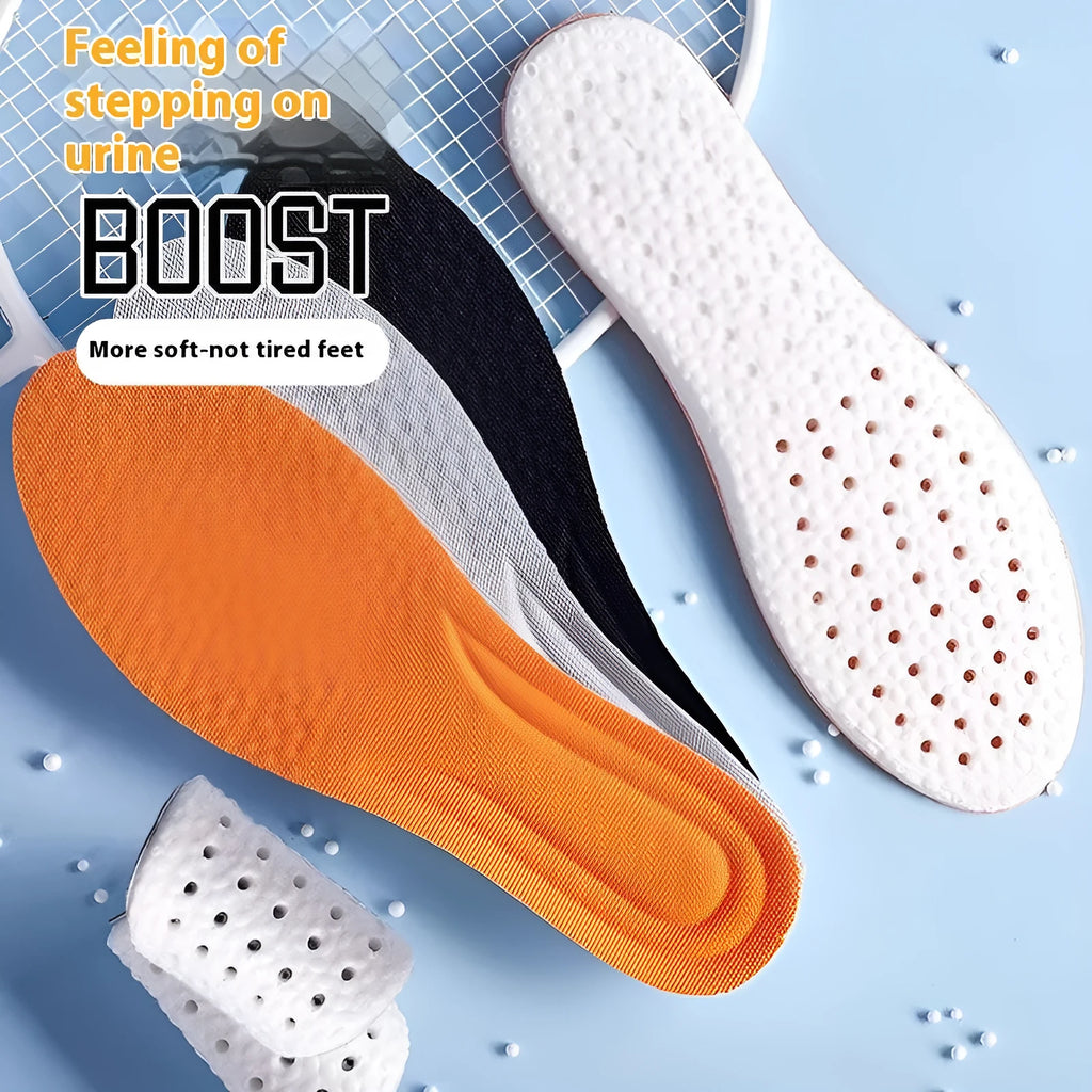 A pair of grey breathable PU sports insoles that can be cut to size on a white background