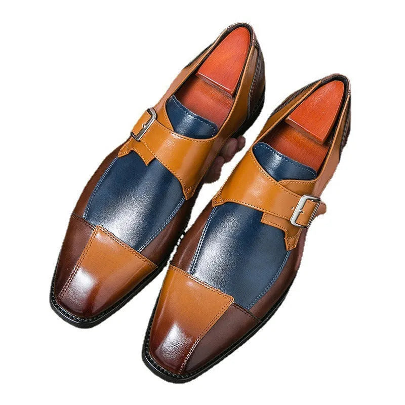 Men's brown-blue and black retro buckle casual leather shoes with a tall crown.