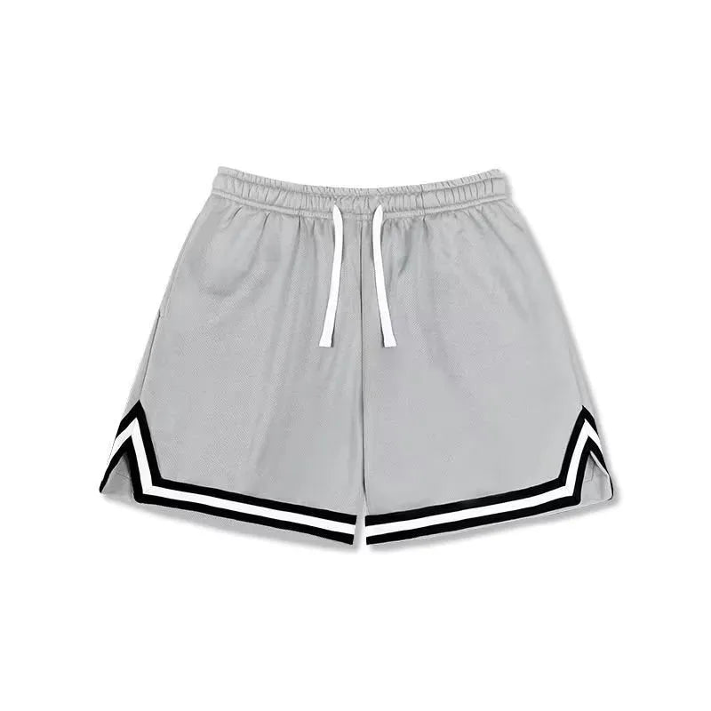Men's loose fit polyester sports shorts in various colours on a size chart background.