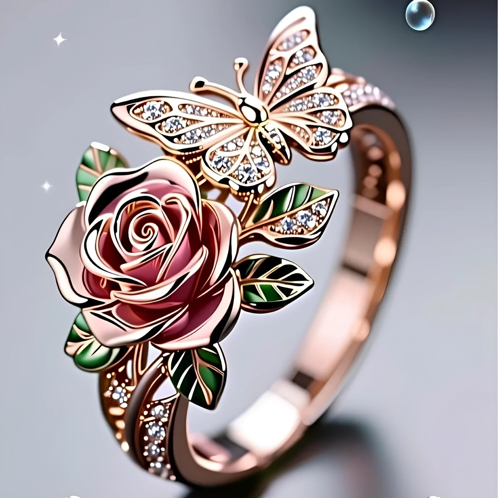 Adjustable alloy butterfly personality ring with dripping oil colour treatment showing fairy style flower and insect details