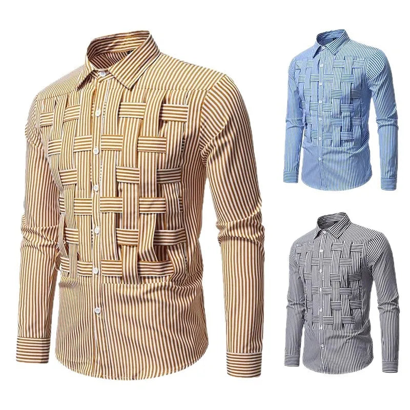 Striped woven plaid men's slim fit polyester cardigan shirt in black, blue, and brown
