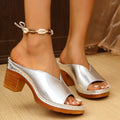 Women's beige thick heel slippers with round toe and PU upper, shown on a size 39 foot