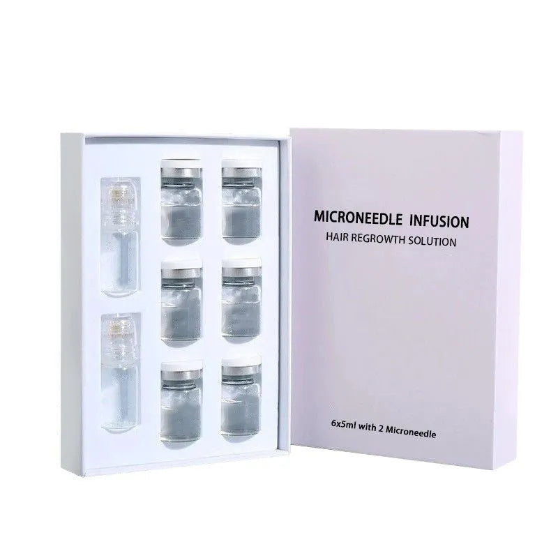 Long Dense Hair Growth Micro Needle Serum Set with microneedle tool and three bottles of hair oil essence