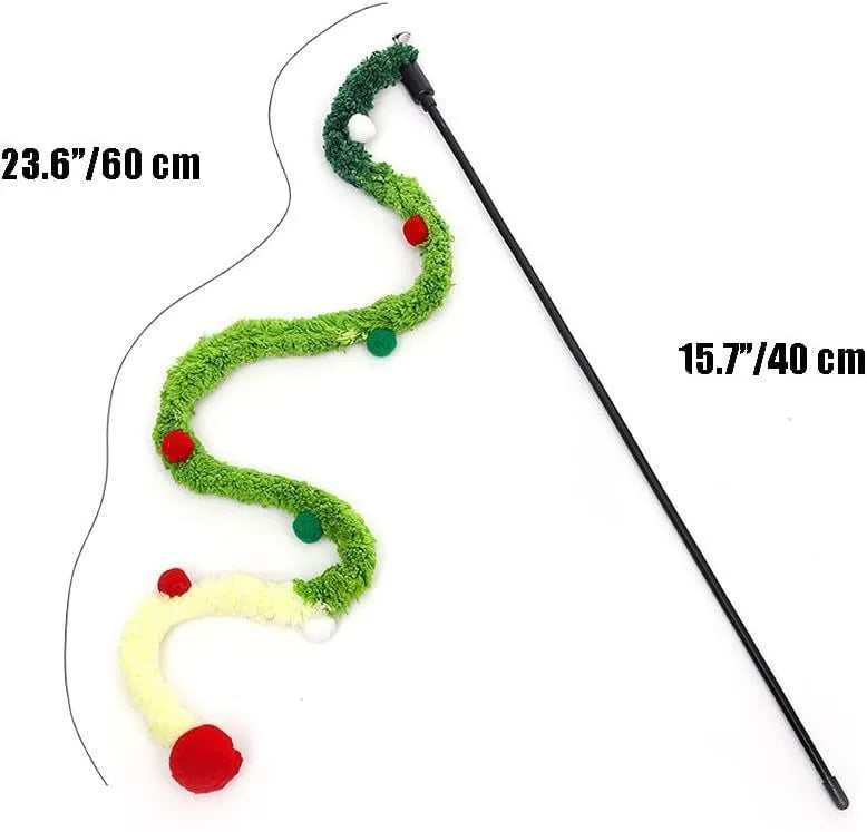Cat wand toy with long plush strip and colourful ball with bells on 41cm pole