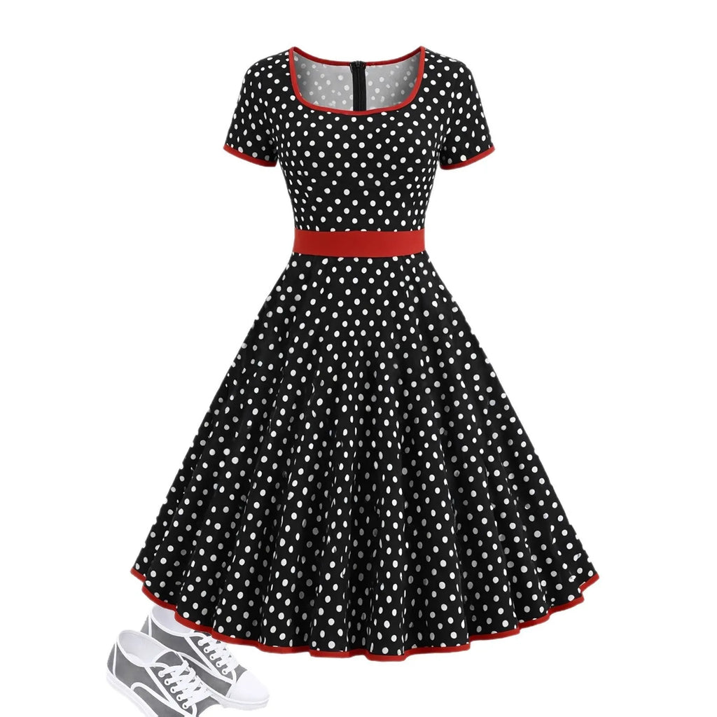 Square collar polka dot dress with pleated skirt and zip front closure in multicolour pattern