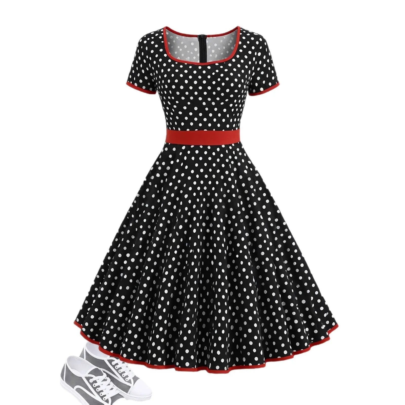 Square collar polka dot dress with pleated skirt and zip front closure in multicolour pattern