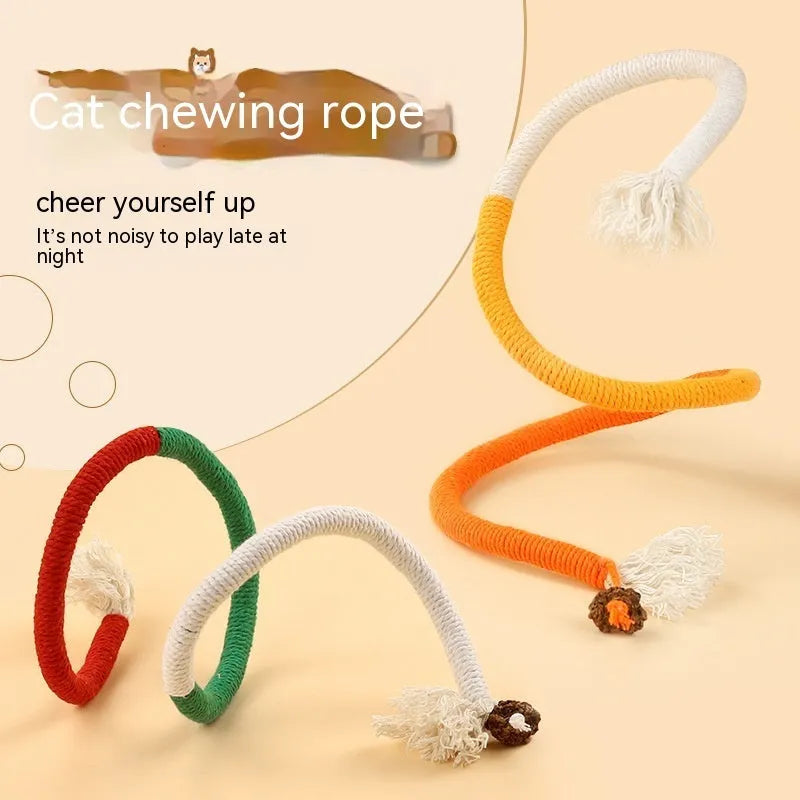 Cat bite rope toy in cotton thread with cat teaser stick, available in full orange absolute purple and traffic lights colours