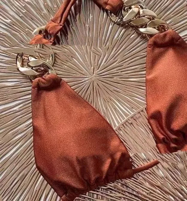 Brown women's push-up bikini swimsuit with tube-top ring tether design