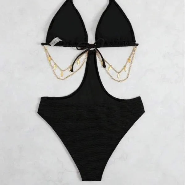 Women's black bikini swimsuit with chain decorative detail on polyester fabric