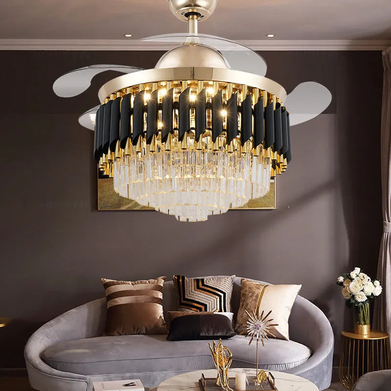 Crystal lampshade ceiling fan with light and remote control on a white ceiling.