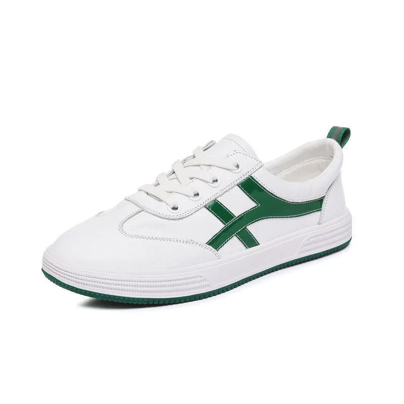 Women's leather Korean style sneakers with elastic band and round toe in black and white options