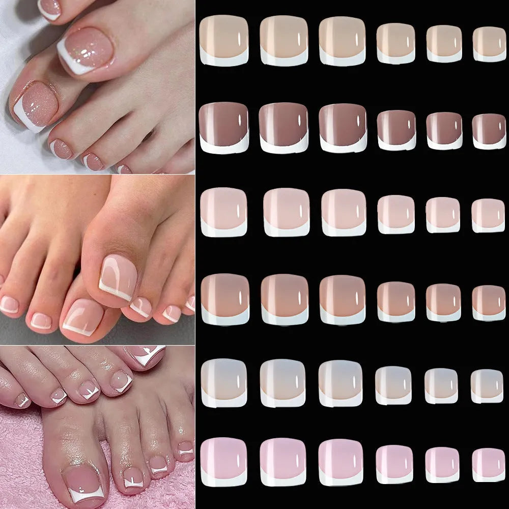 Box of 120 French white edge artificial toenails in square short shape, showing nine nude colour shades.