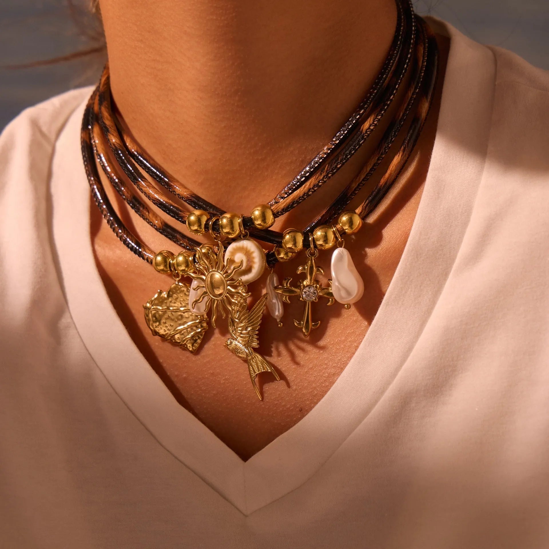 18K gold plated stainless steel necklace with geometric leopard print pendant and adjustable chain for women