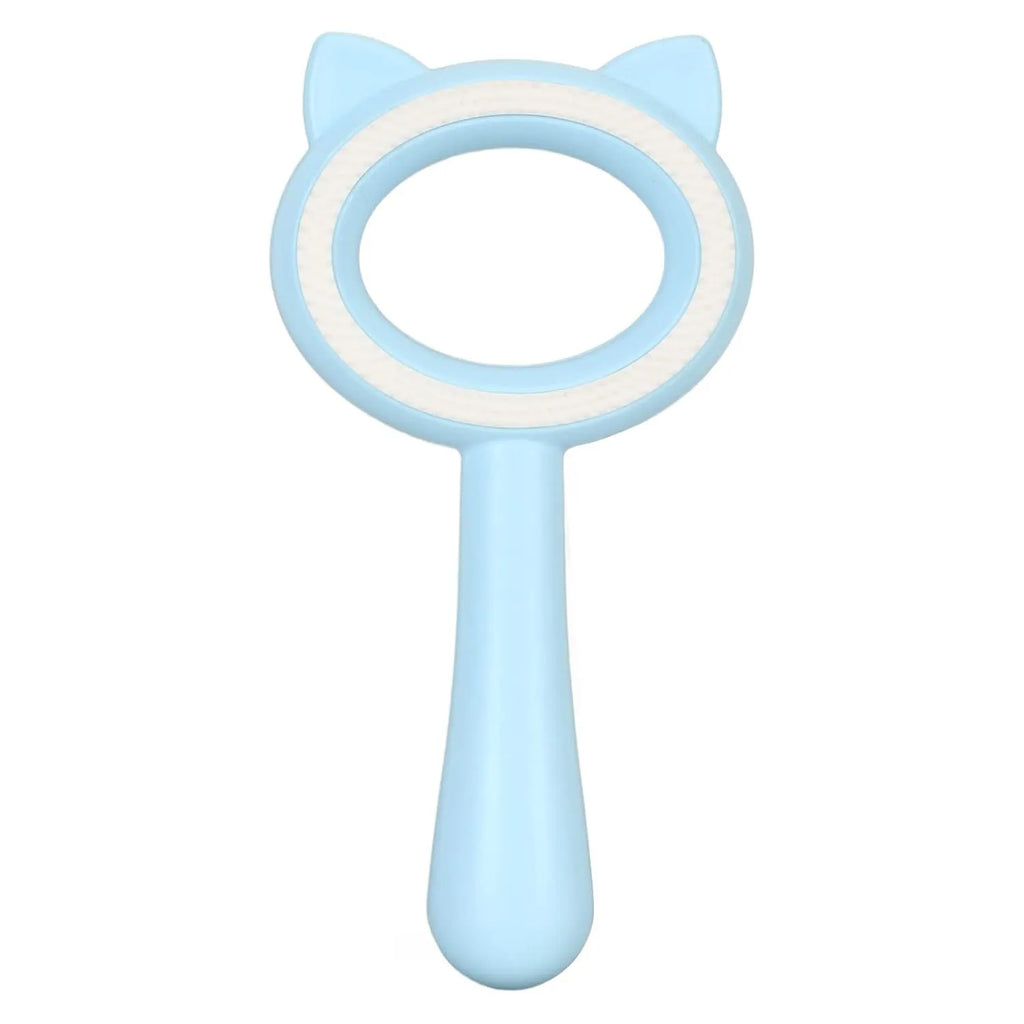 Blue and white pet grooming brush with double-sided design showing deshedding and massage functions