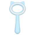 Blue and white pet grooming brush with double-sided design showing deshedding and massage functions