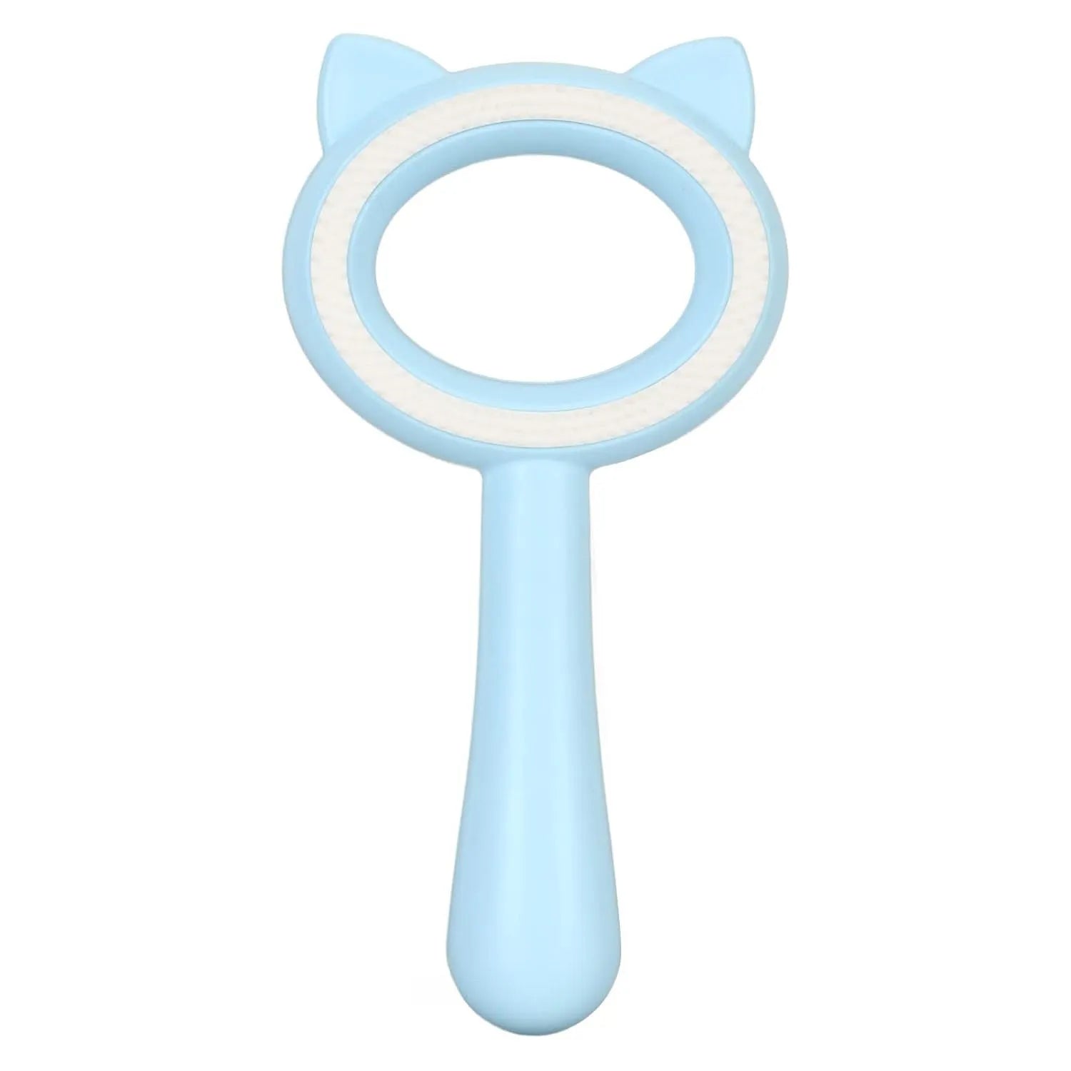 Blue and white pet grooming brush with double-sided design showing deshedding and massage functions