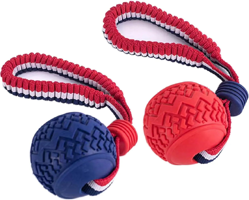 Blue natural rubber dog ball with rope attached measuring 6.5cm diameter