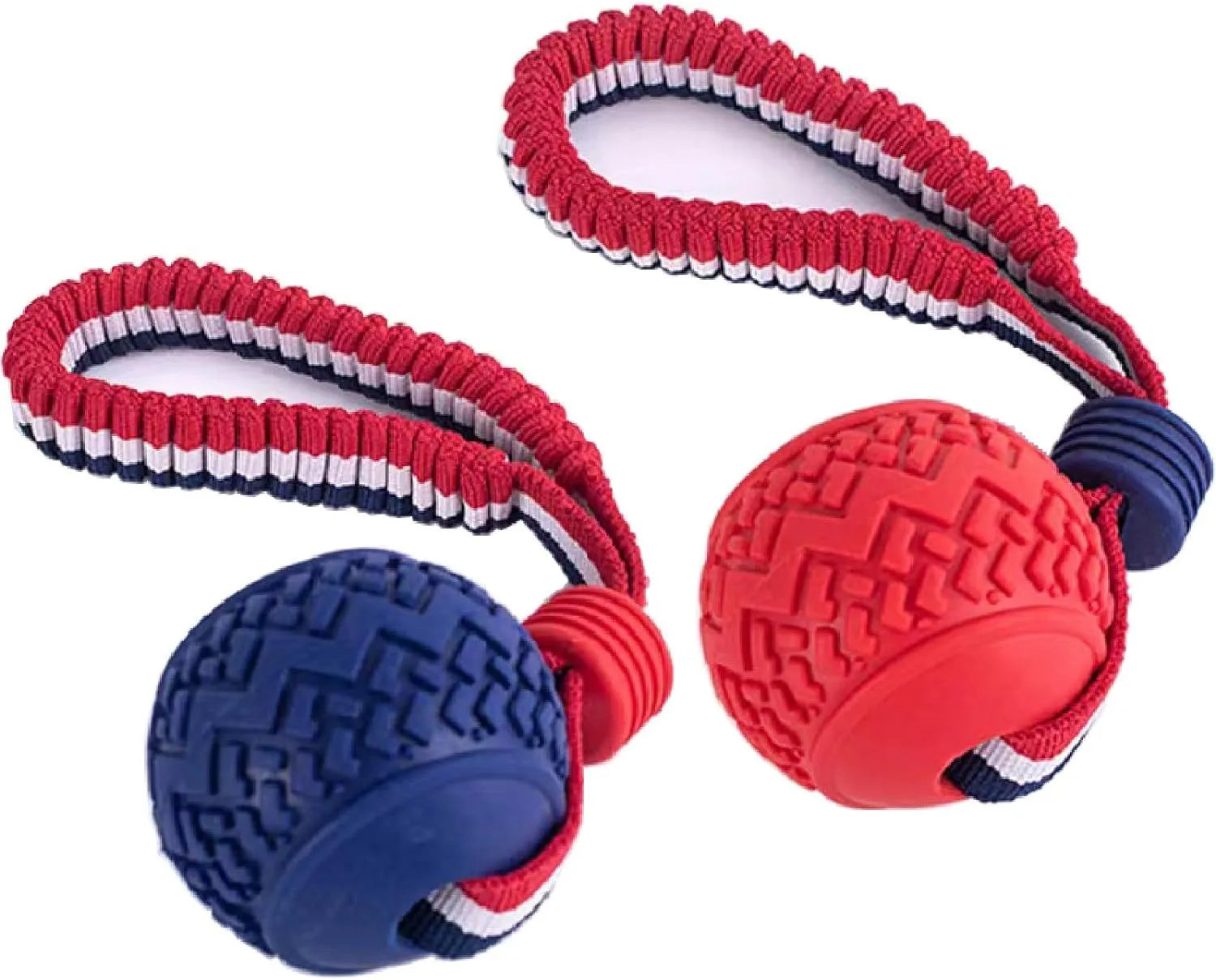 Blue natural rubber dog ball with rope attached measuring 6.5cm diameter