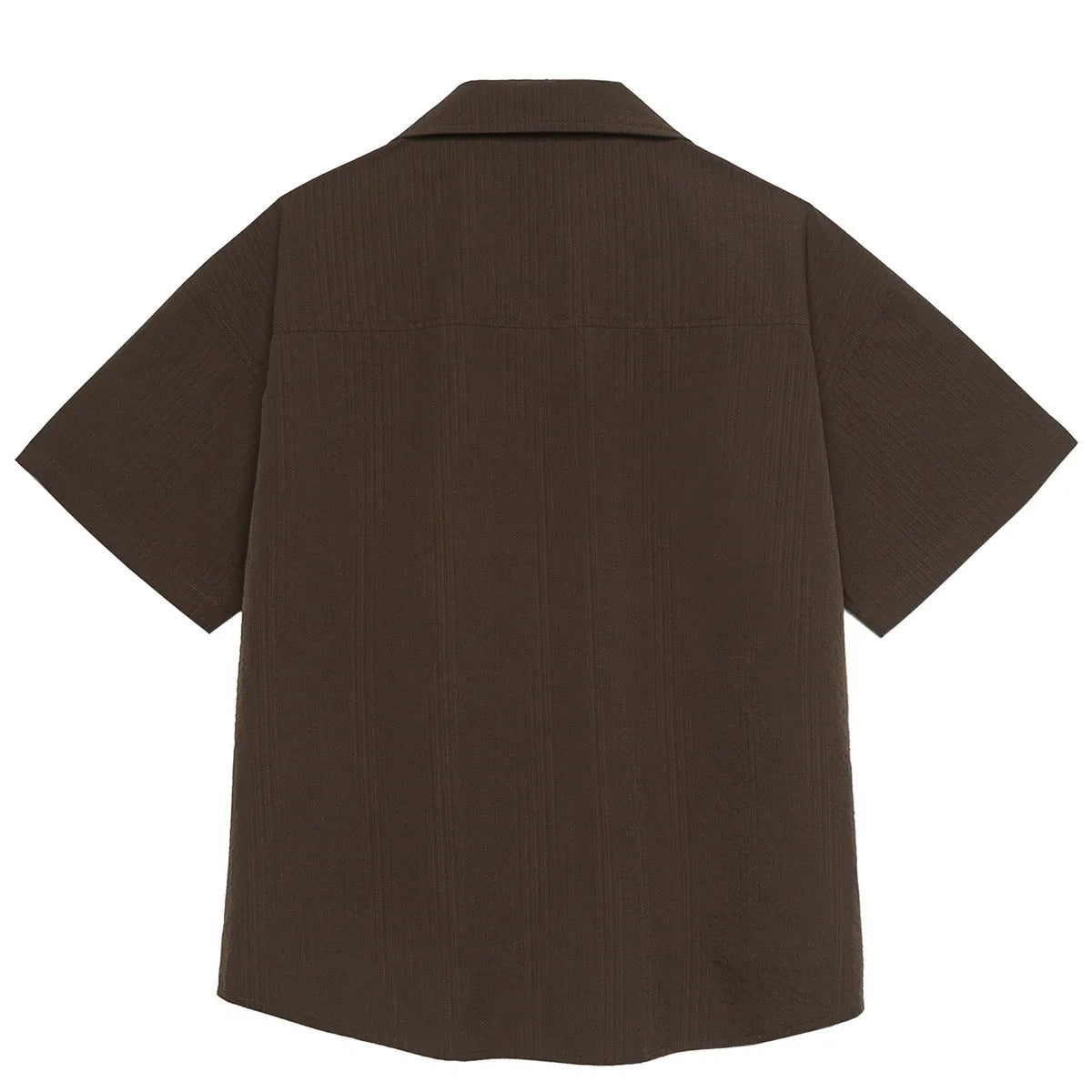 Brown striped short sleeve outdoor shirt with Cuban collar on a mannequin.