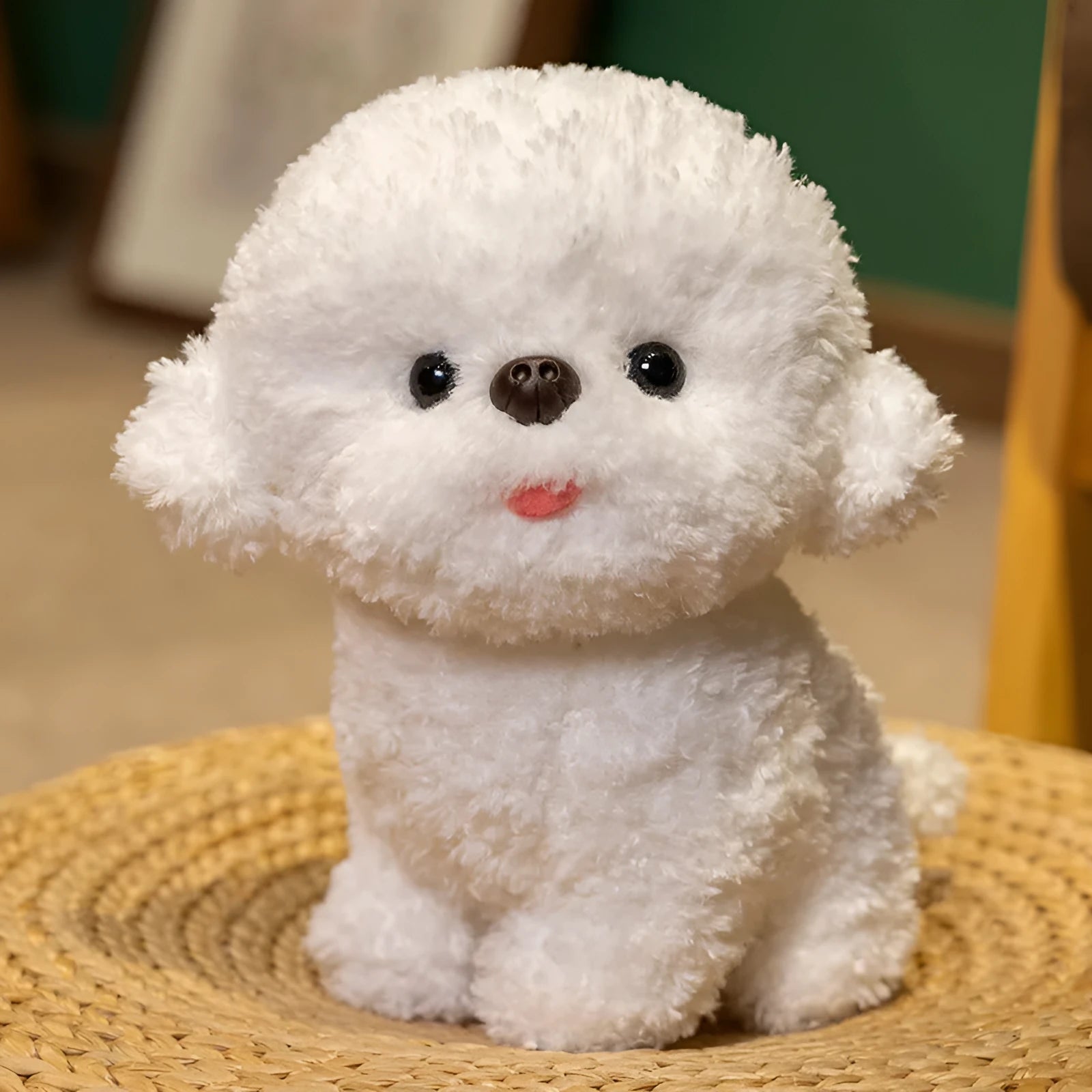 Cute simulation Bichon Frise plush toy with tongue sticking out, available in gray or white, 20cm or 30cm sizes