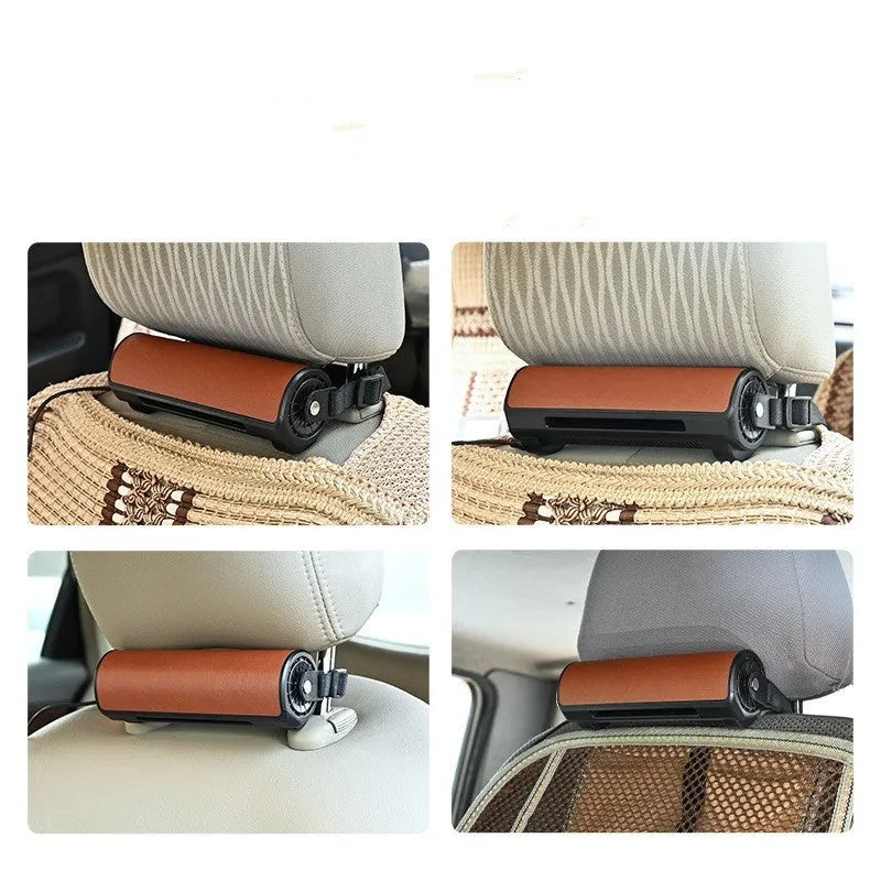 Black bladeless car fan with USB cable showing compact 57mm width design