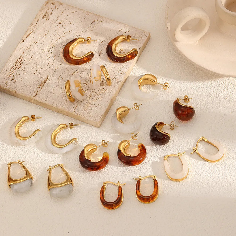 18K gold plated stainless steel hoop earring with amber resin detail, clip-on design, women's retro geometric style