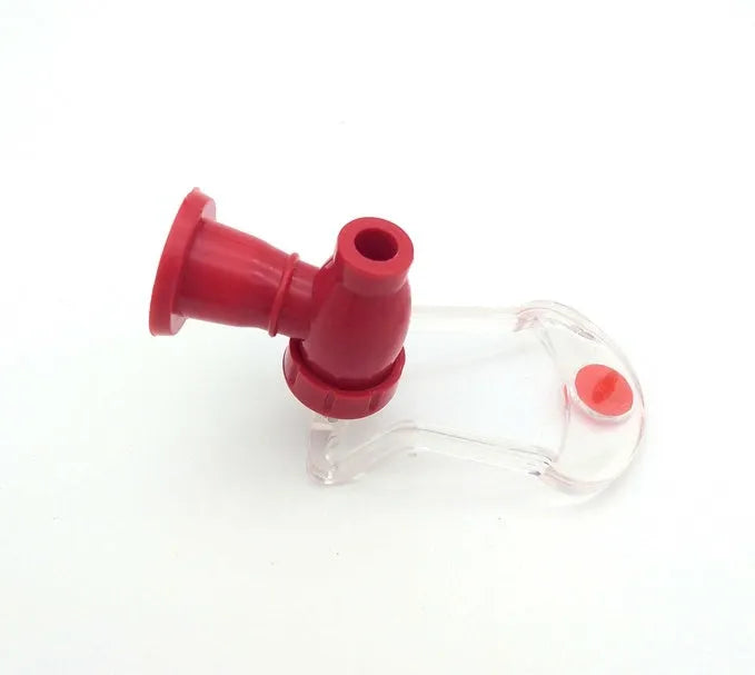 Red Magic Tap soda bottle dispenser with push button, 15cm tall