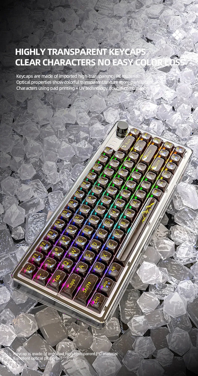 Attack Shark K75RGB wireless mechanical keyboard with transparent black case showing RGB backlighting and 75% layout