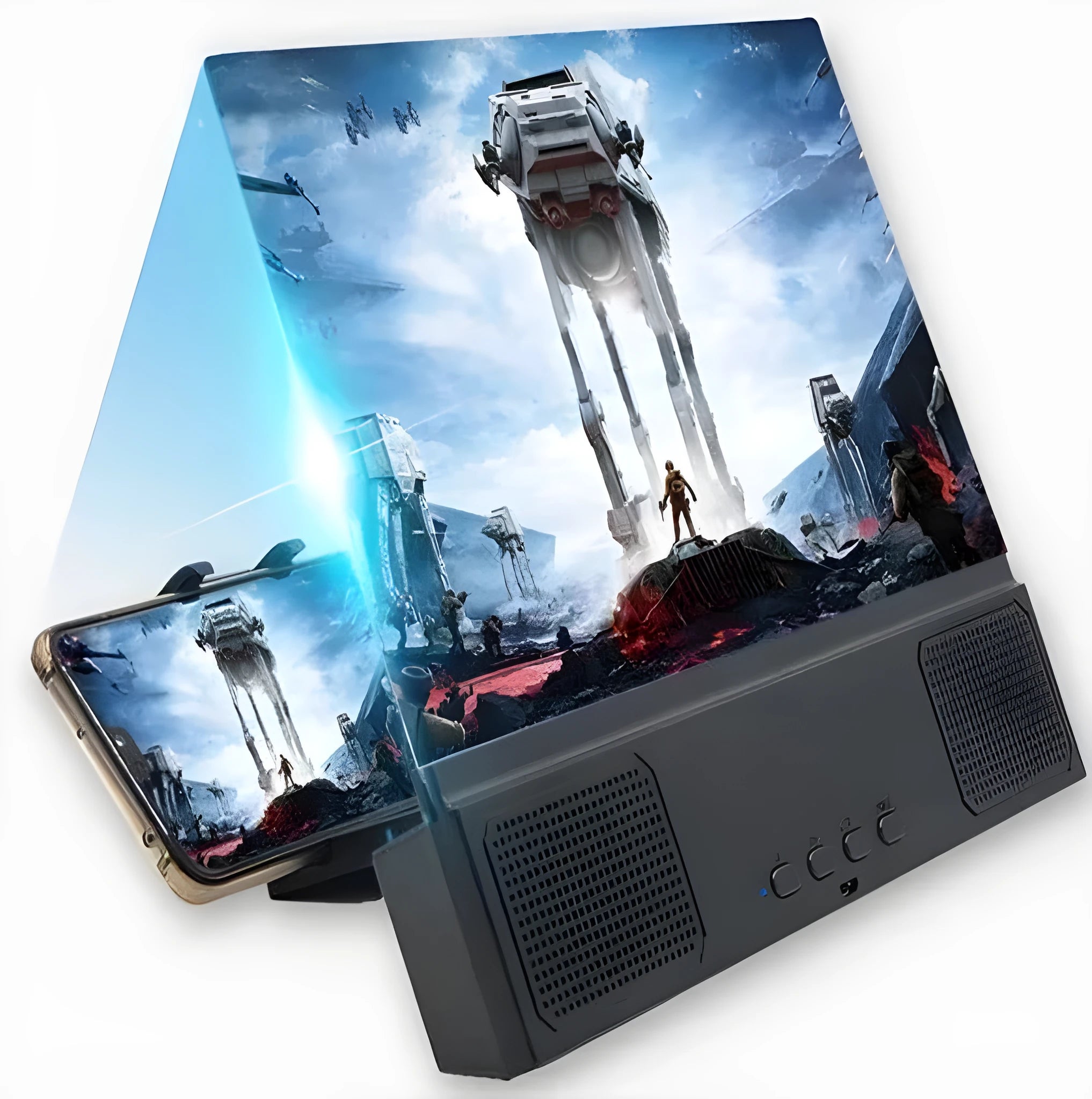 12-inch mobile phone screen amplifier with acrylic lens in ABS housing showing smartphone magnification