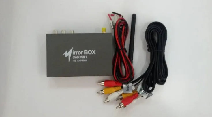 Black car mirror link box Wi-Fi converter with power cable, antenna, AV cable, and manual for smartphone car entertainment