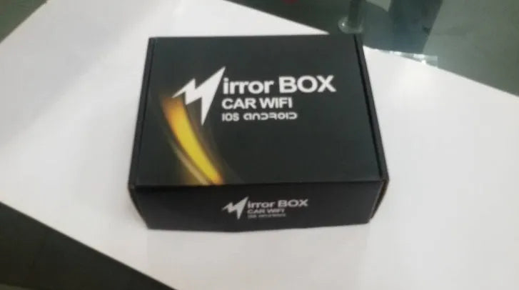 Black car mirror link box Wi-Fi converter with power cable, antenna, AV cable, and manual for smartphone car entertainment