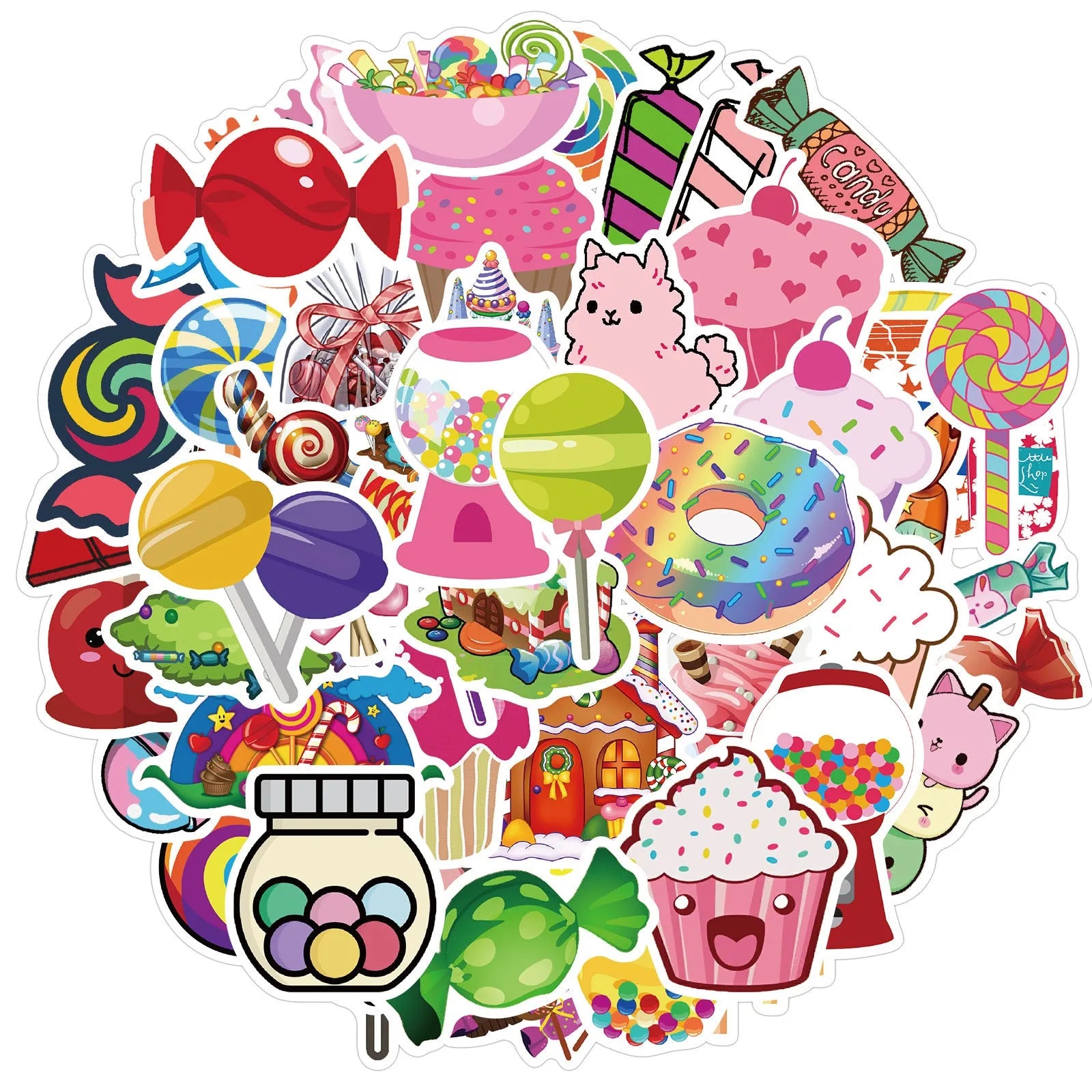 Pack of 50 colourful candy graffiti cartoon stickers measuring 4-6cm