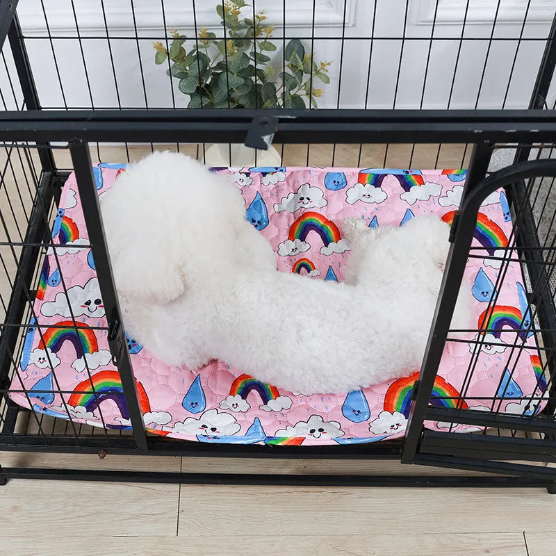 Reusable washable pet urine pad showing colour patterns and size options for dog and cat training