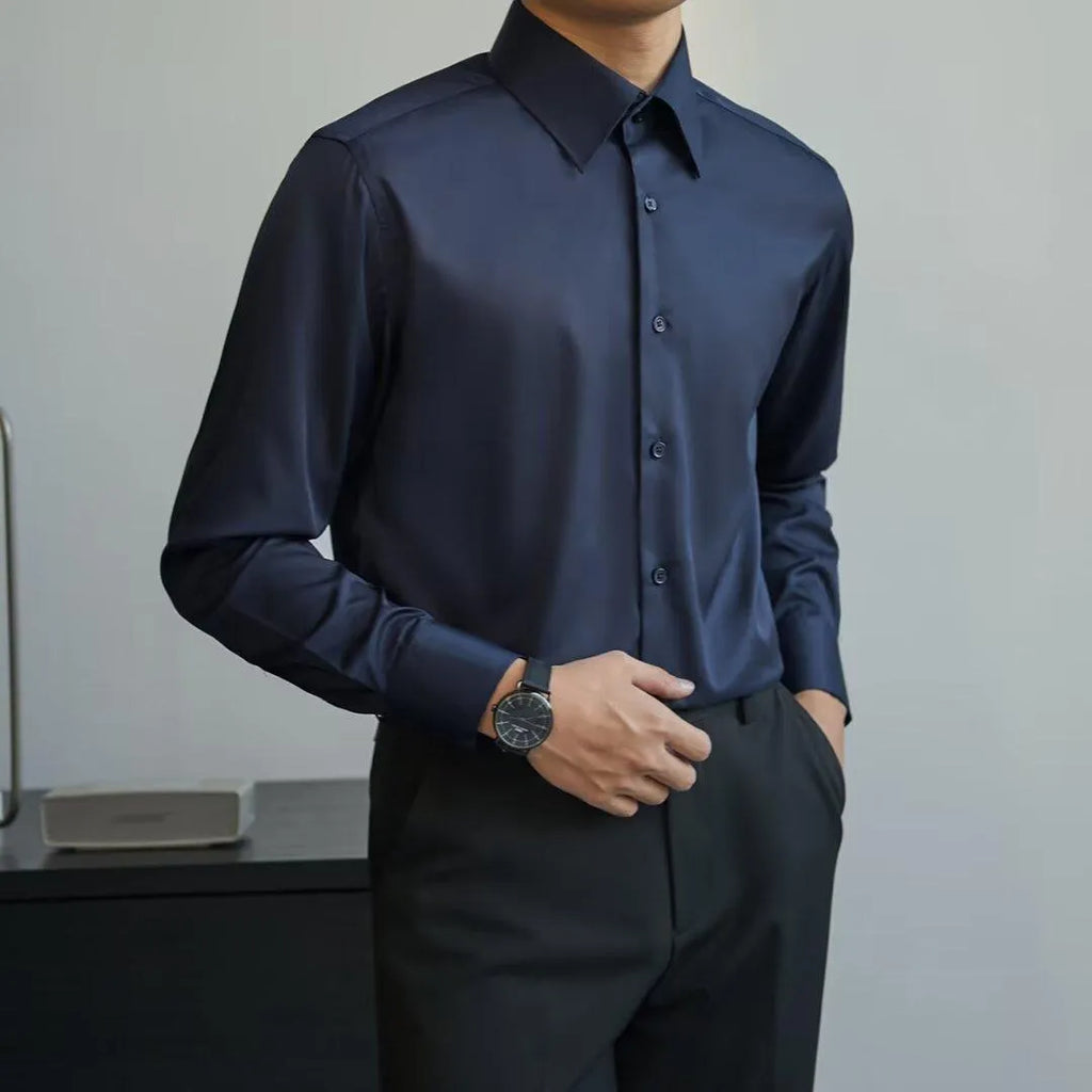 Korean style men's slim fit autumn shirt in black with Japanese retro design and long sleeves