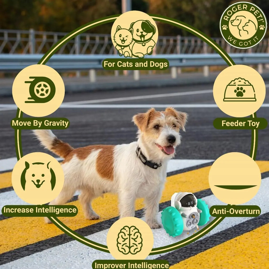 Robot-shaped self-balancing dog treat tumbler toy for small pets on a floor.