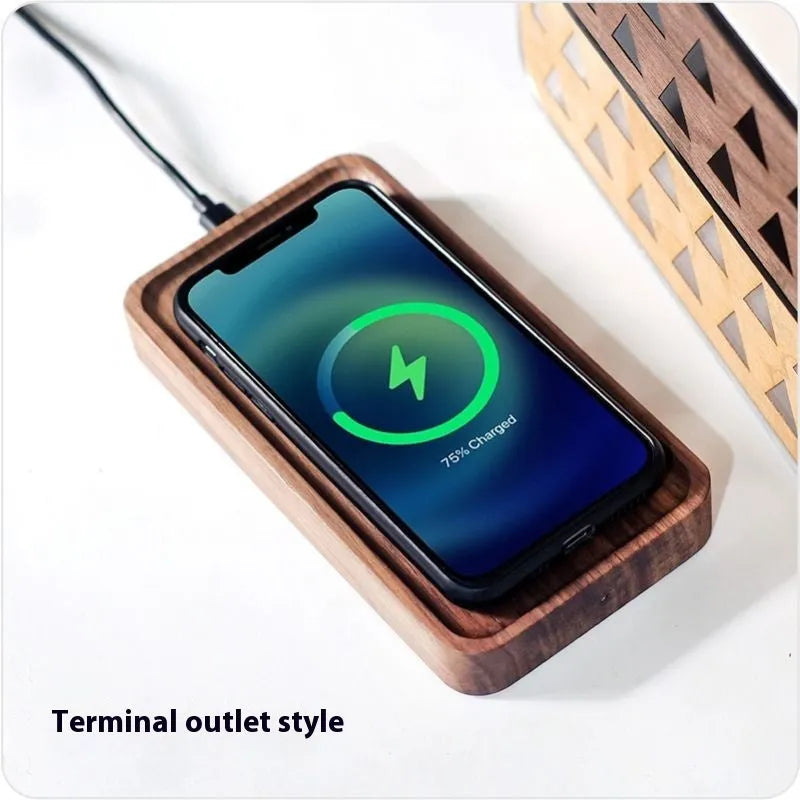 Natural black walnut wood tray 15W wireless fast charger with end outlet cable
