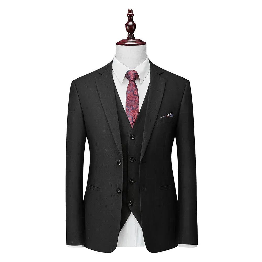 Men's navy blue three-piece slim fit plaid business casual suit with vest, jacket and trousers