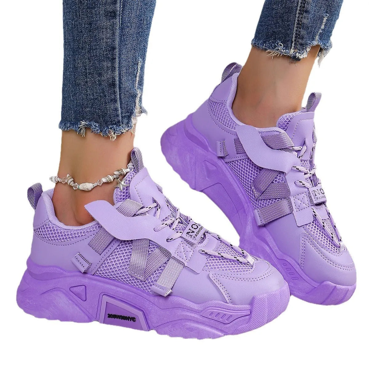 Women's platform mesh sneakers in purple, green, white, pink, and yellow colours with lace-up front.