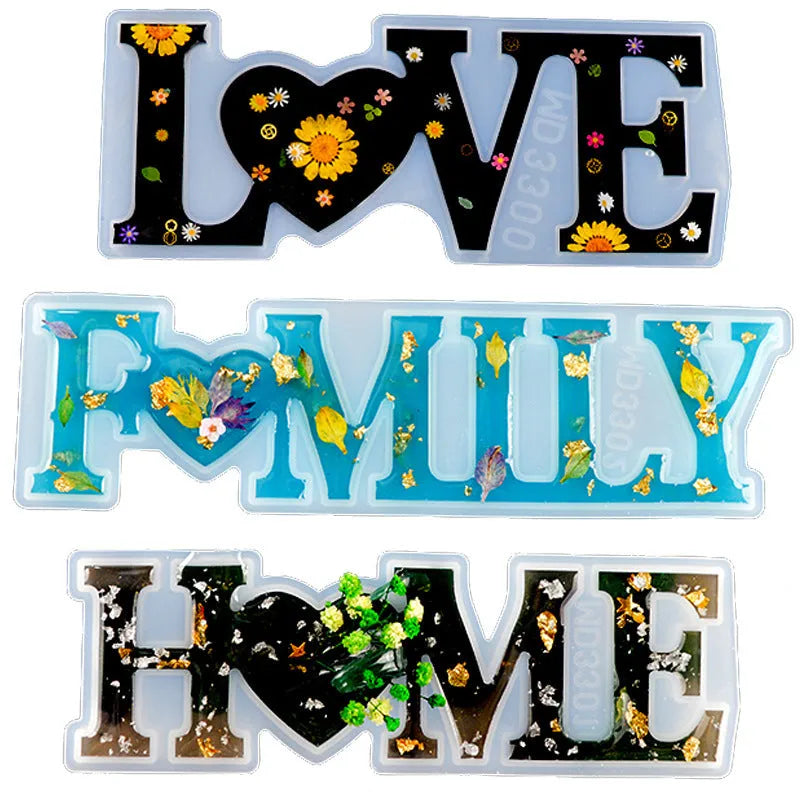 Six silicone epoxy moulds with English letter designs including love, home, family, Live, hello, and Blessed
