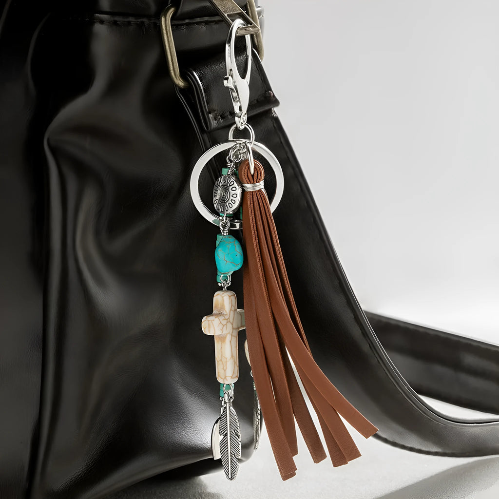 Cross leather rope tassel pendant keychain in retro alloy finish colour XY-3669