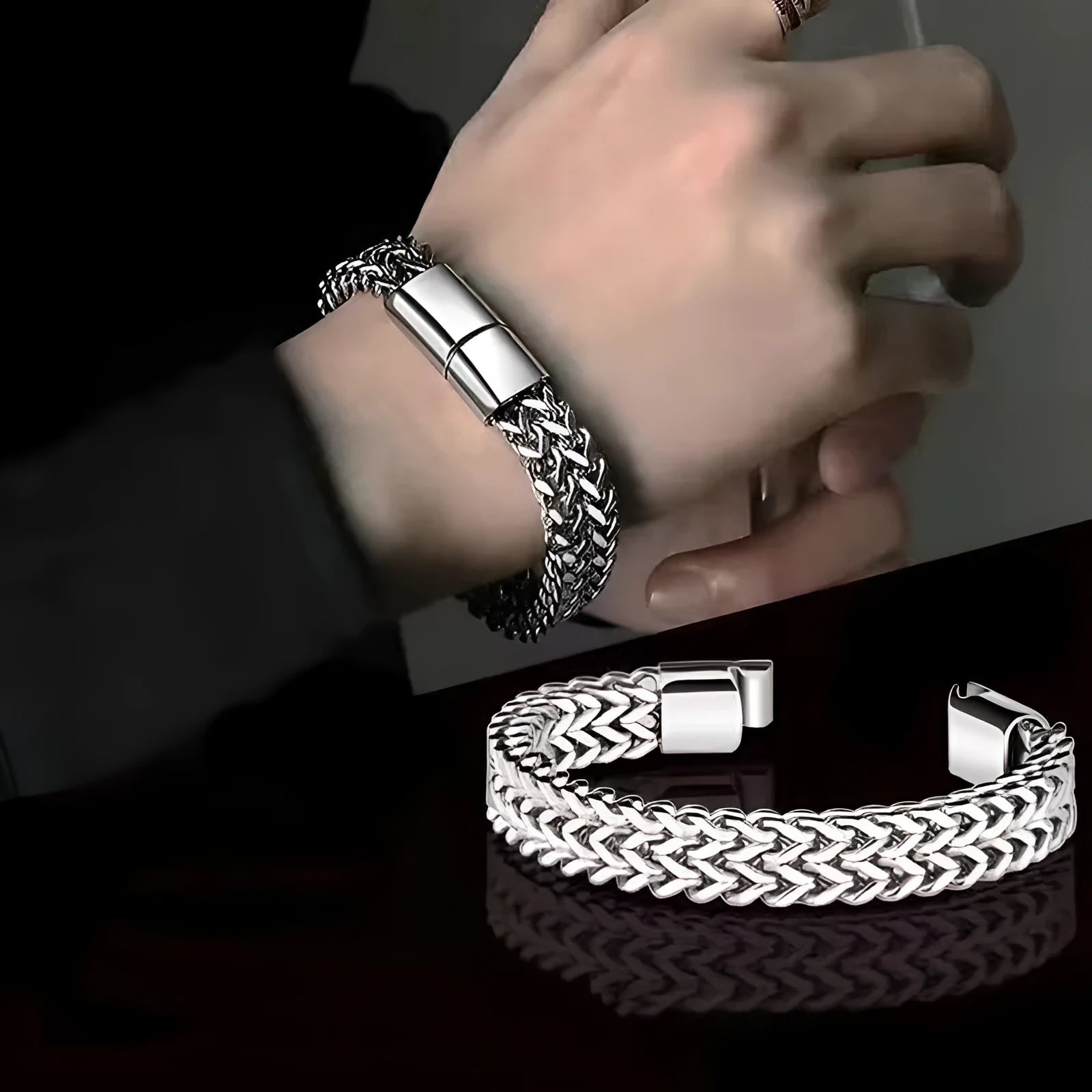 Silver titanium steel men's bracelet with geometric pattern on front and back of links.