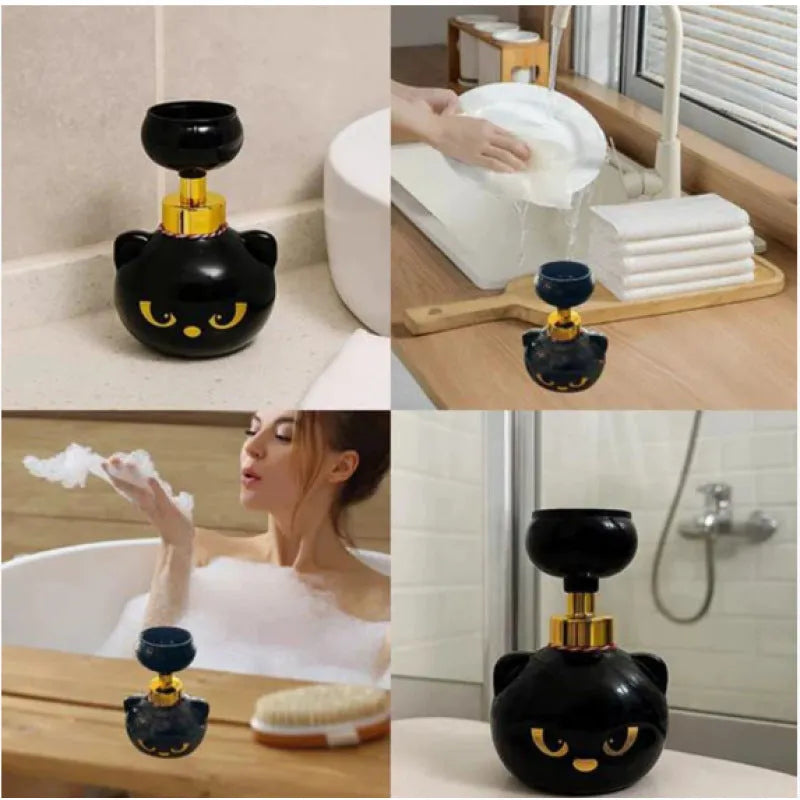 Black cartoon cat-shaped plastic foam soap dispenser measuring 10 by 18 centimetres