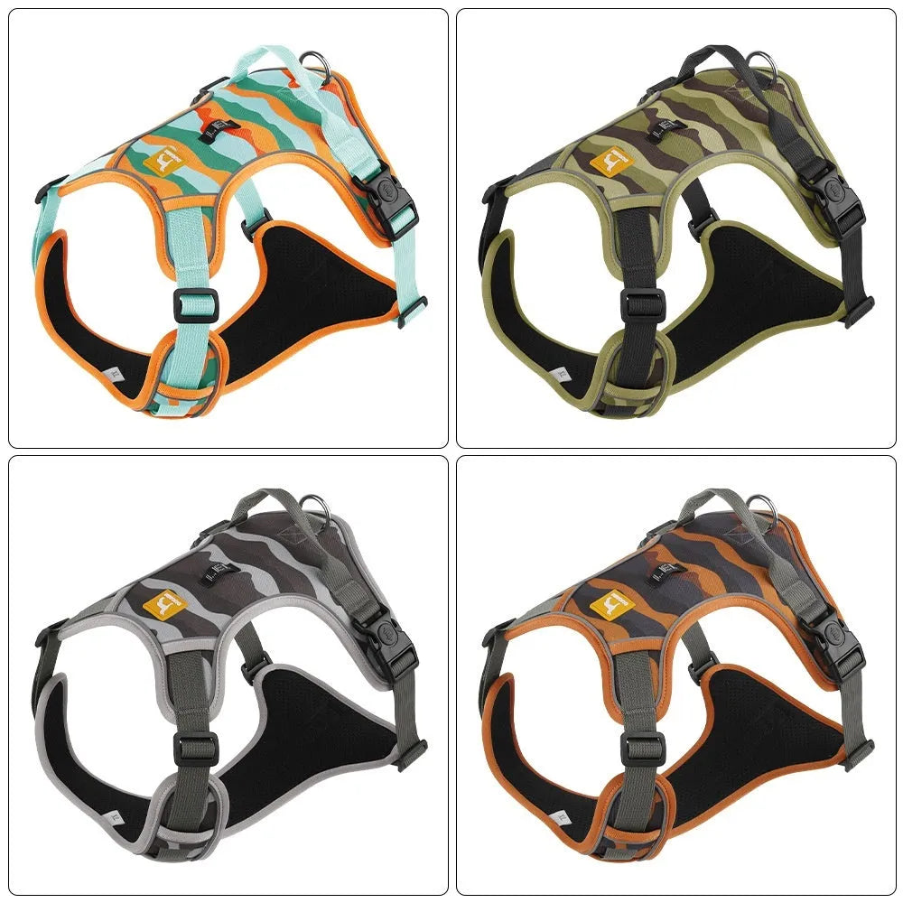 Reflective dog walking harness and lead set with hand holding rope in orange colour